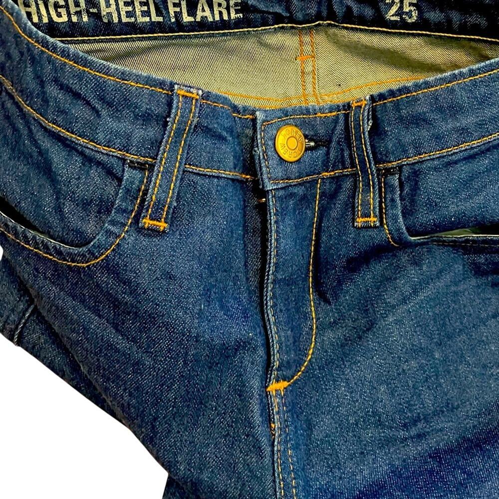 J.Crew Dark Indigo High-Heel Flare Jeans Womens S 25 Orange Contrast Stitching - Picture 3 of 6